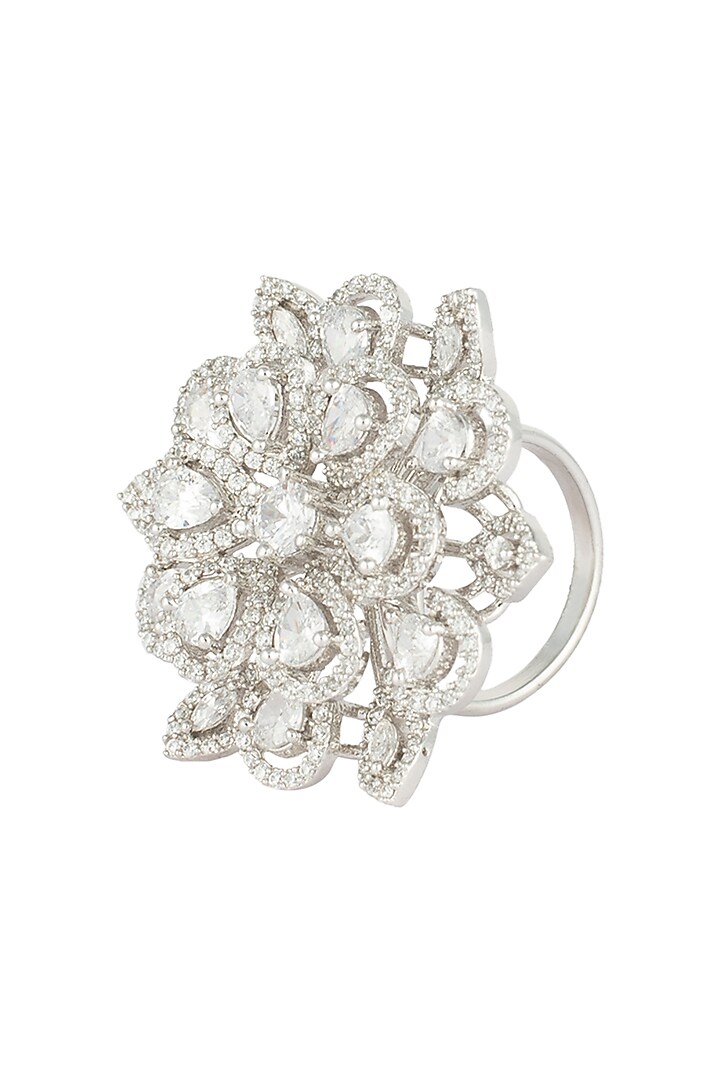 White rhodium plated floral diamond ring by Aster at Pernia's Pop Up Shop