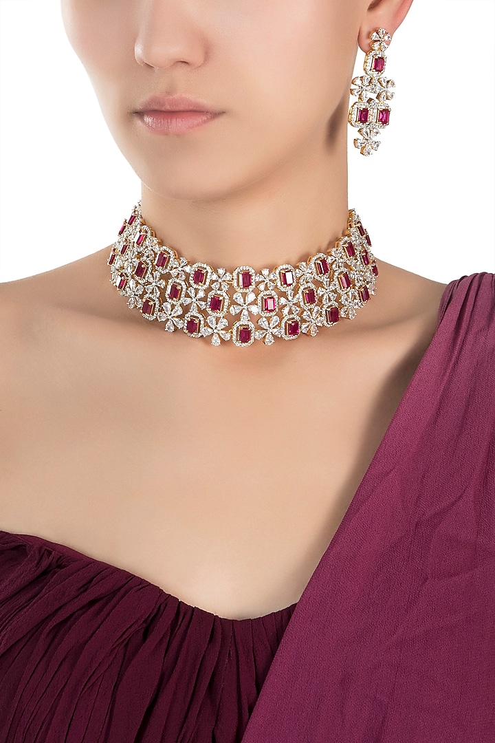 Gold plated diamond and ruby necklace set by Aster