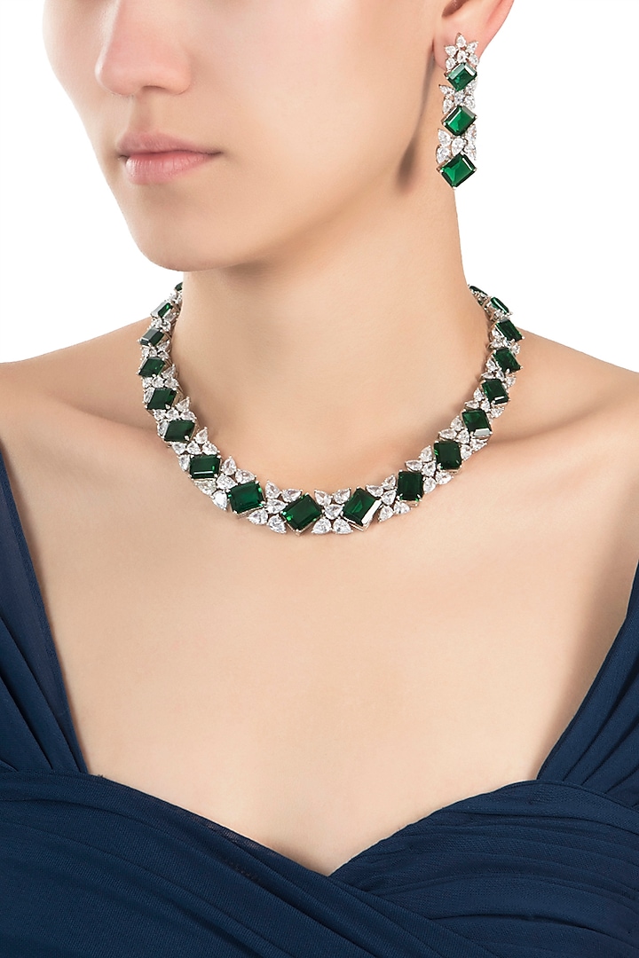 Silver plated solitaire diamond and emerald necklace set by Aster