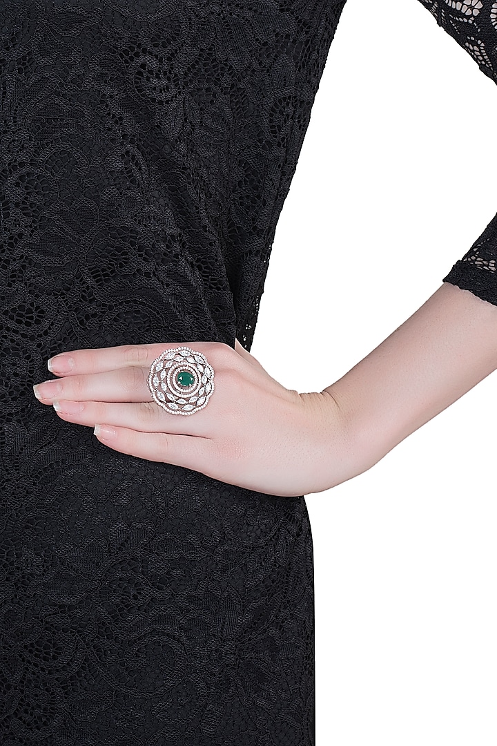 Silver plated faux diamond and emerald ring by Aster