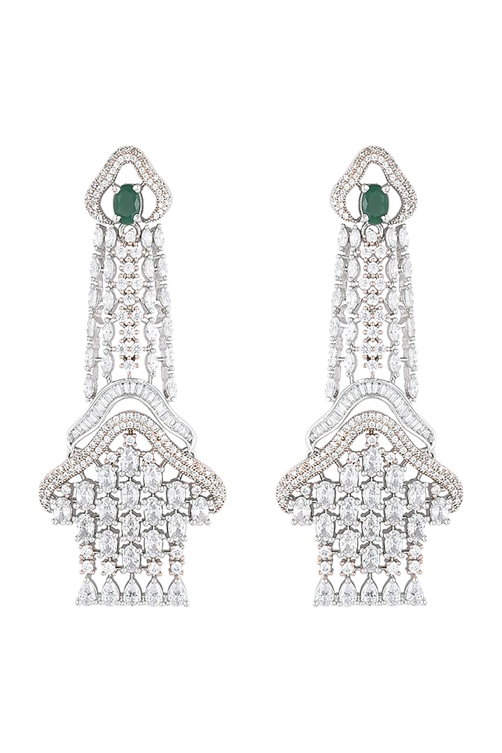 Silver plated faux diamond and emerald dangler earrings by Aster at Pernia's Pop Up Shop