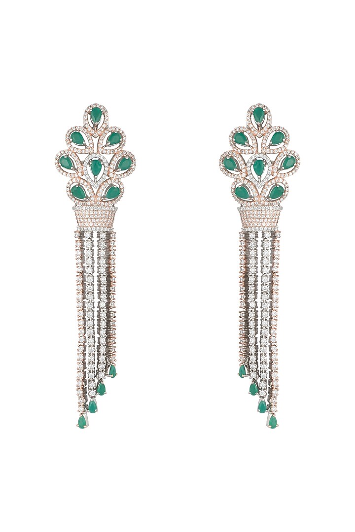 Silver plated faux emerald drop and diamond long earrings by Aster at Pernia's Pop Up Shop