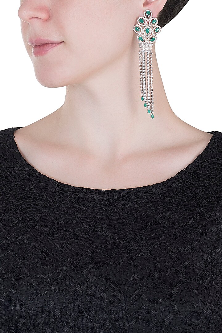 Silver plated faux emerald drop and diamond long earrings by Aster