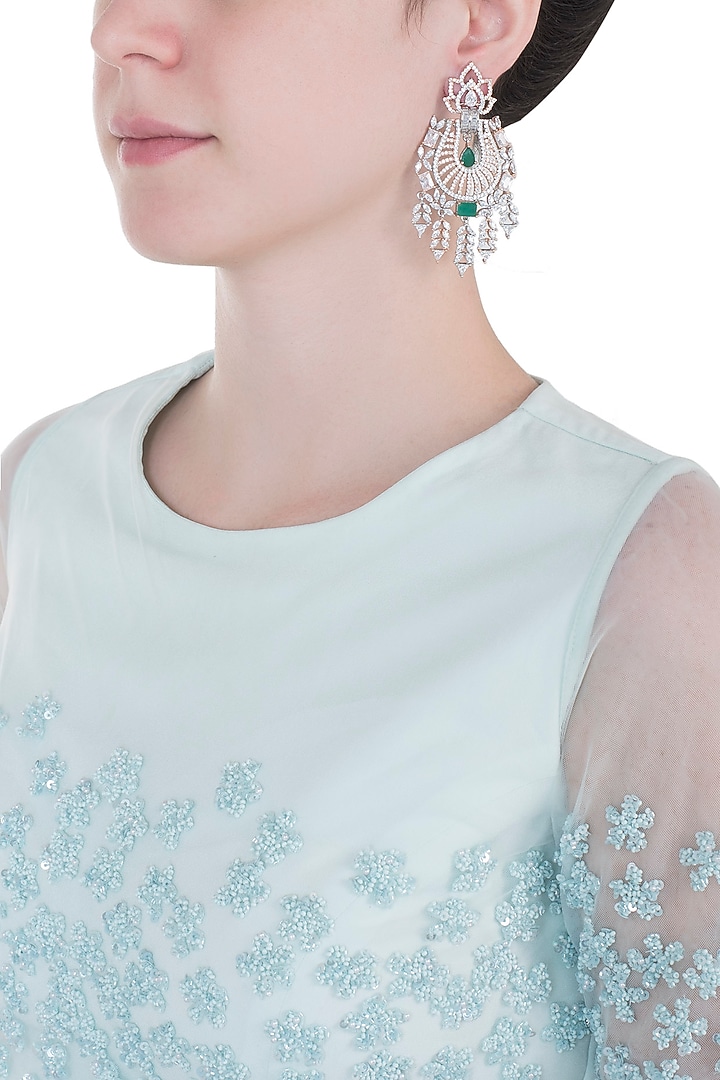 Silver plated faux diamond and emerald long earrings by Aster at Pernia's Pop Up Shop
