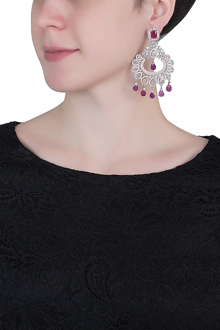 Silver plated faux diamond and ruby long earrings by Aster