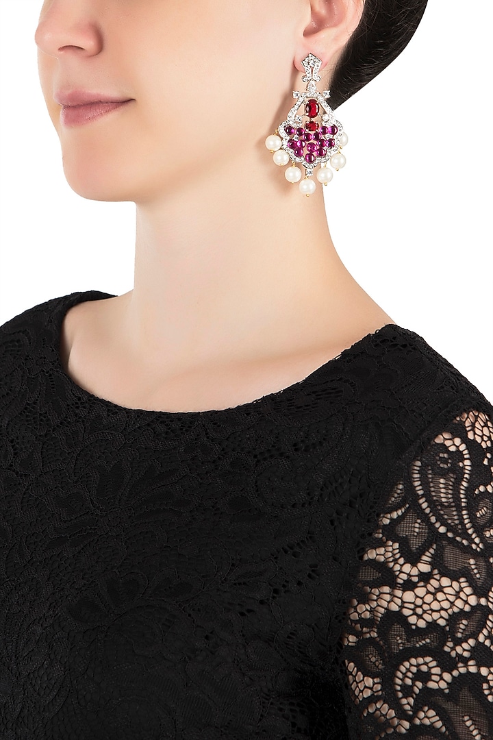 Silver plated faux ruby and pearl earrings by Aster at Pernia's Pop Up Shop