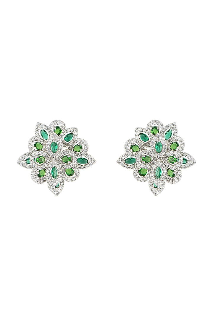Silver plated faux emerald and diamond stud earrings by Aster at Pernia's Pop Up Shop