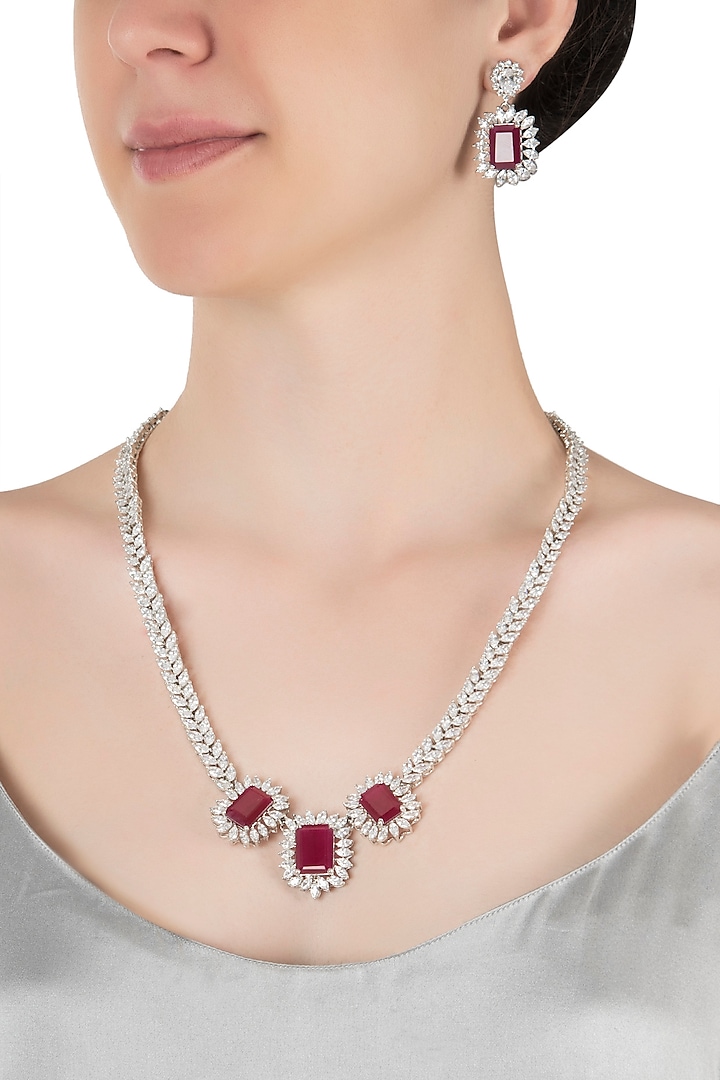 Silver plated faux diamond and ruby necklace set by Aster