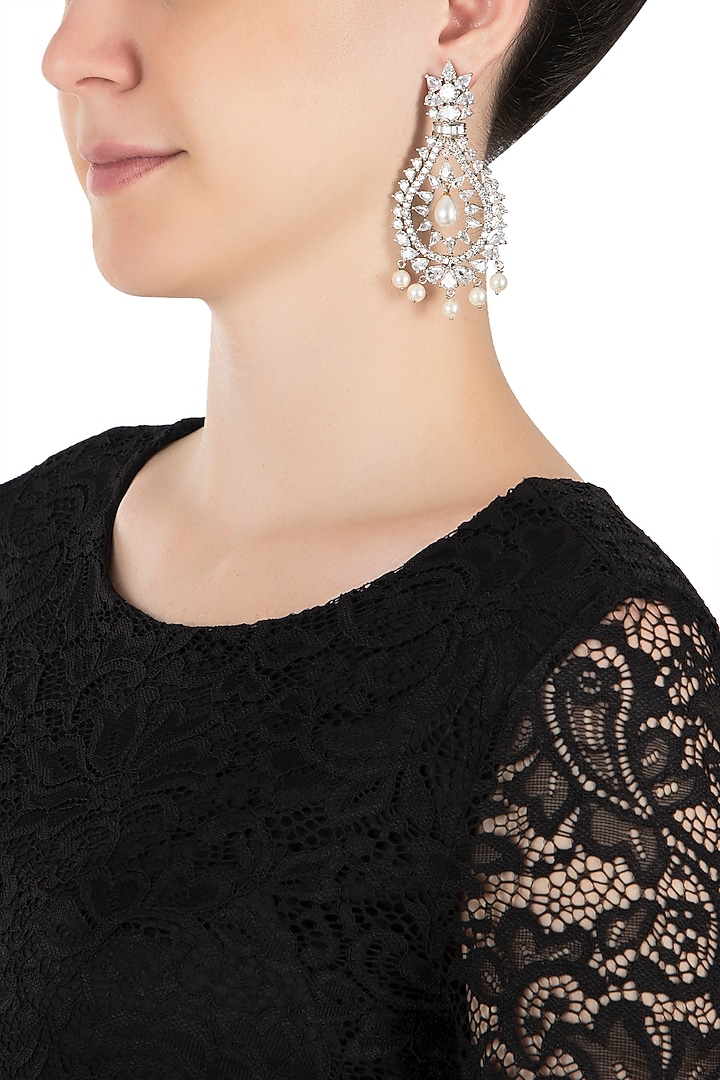 Silver plated faux diamond dangler earrings by Aster at Pernia's Pop Up Shop