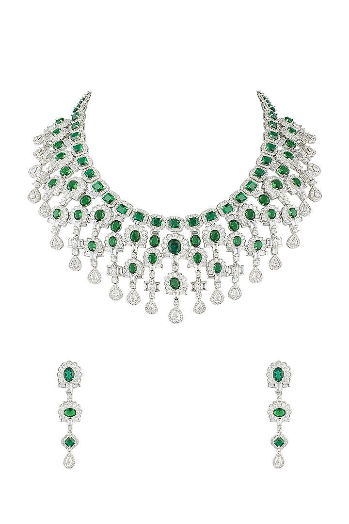 Silver plated faux emerald and diamonds necklace set by Aster at Pernia's Pop Up Shop