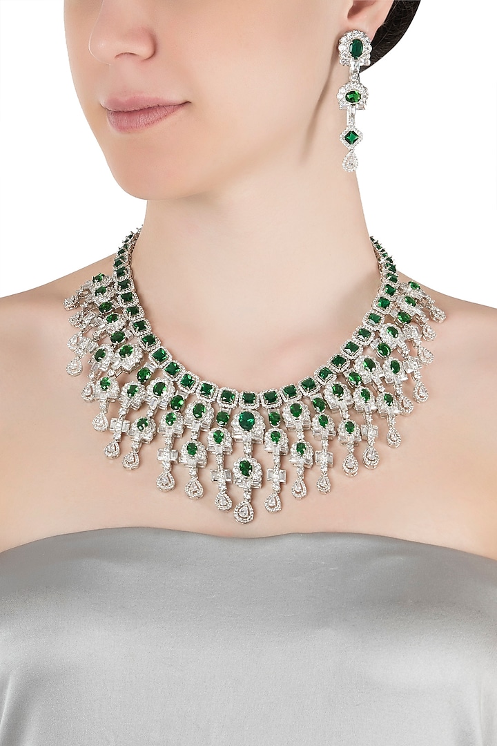 Silver plated faux emerald and diamonds necklace set by Aster