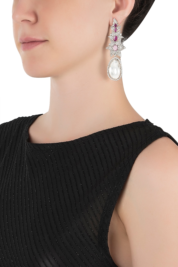 Silver plated faux diamond long earrings by Aster