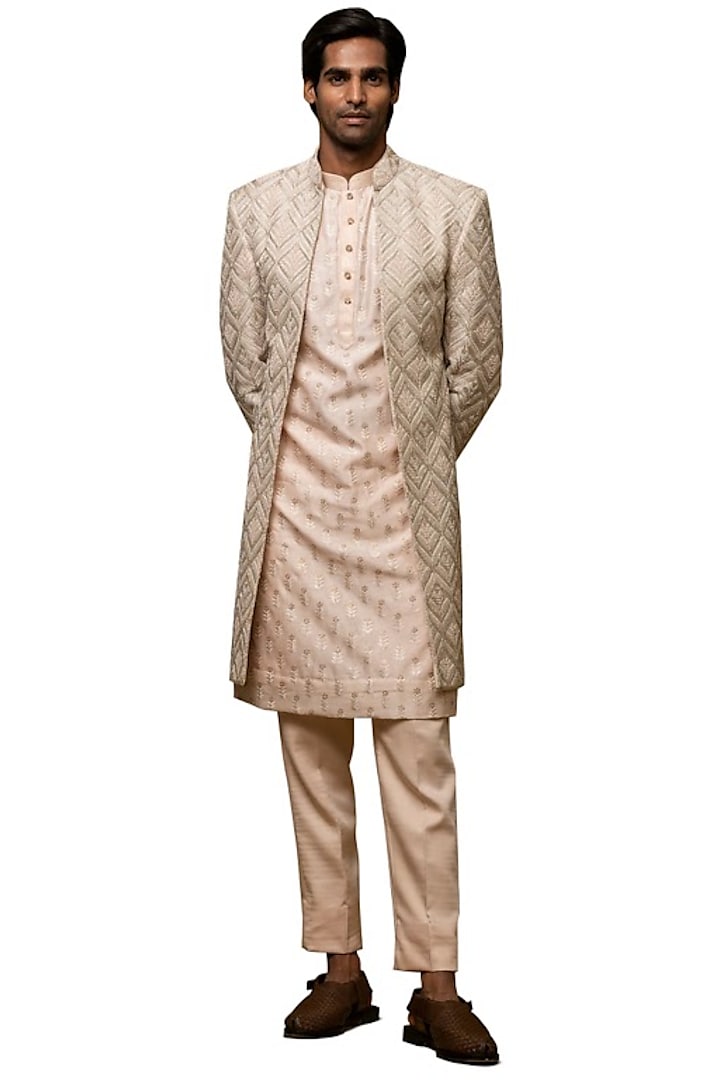 Beige Embroidered Indowestern Jacket Set by ASUKA