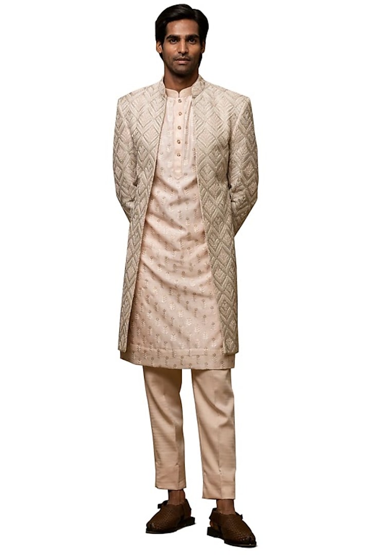 Beige Chanderi Silk Zari Embroidered Indowestern Set by ASUKA