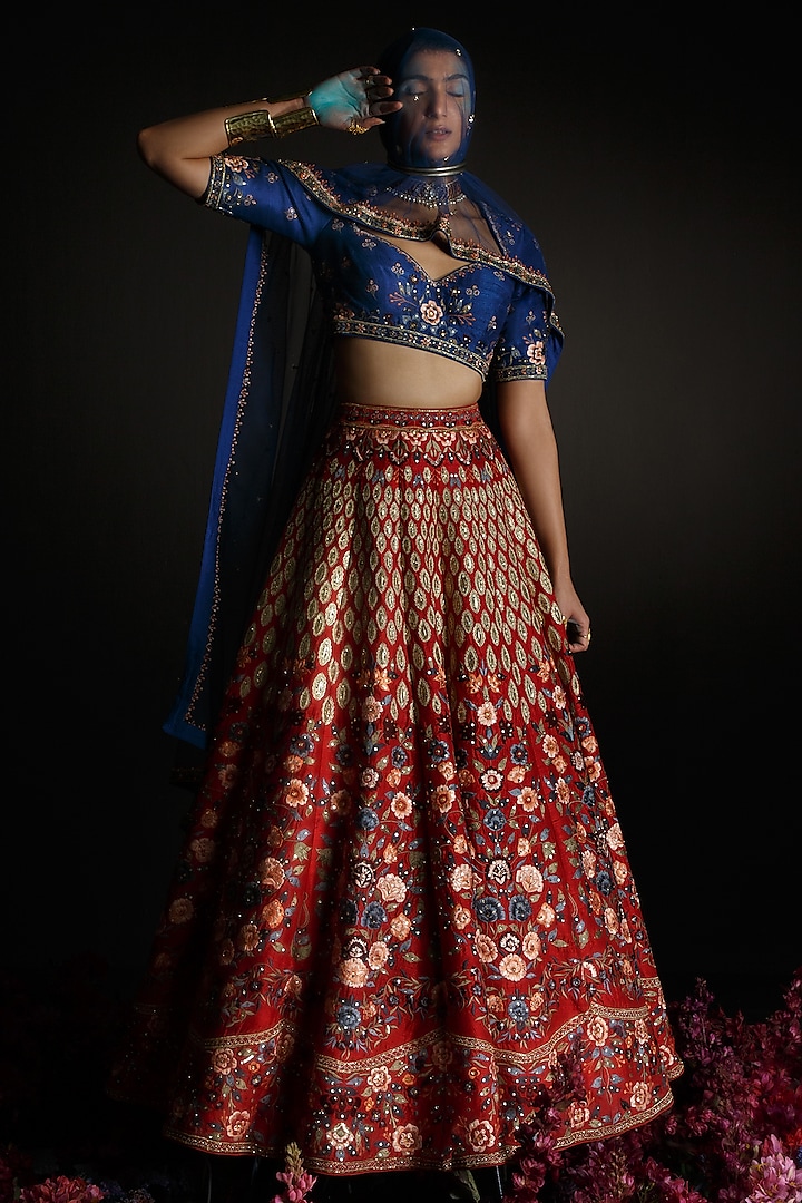 Red Thread Embroidered Lehenga Set by Ahanthem by Reena