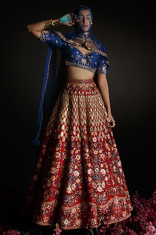 Red Thread Embroidered Lehenga Set by Ahanthem by Reena