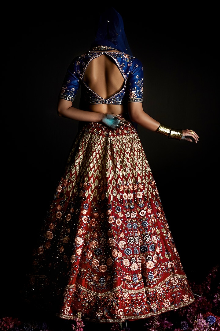 Red Thread Embroidered Bridal Lehenga Set by Ahanthem by Reena at Pernia's Pop Up Shop