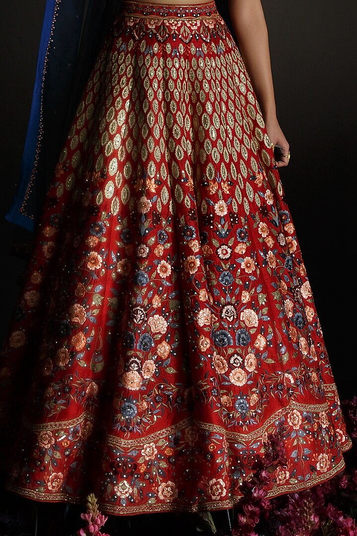 Red Thread Embroidered Bridal Lehenga Set by Ahanthem by Reena at Pernia's Pop Up Shop