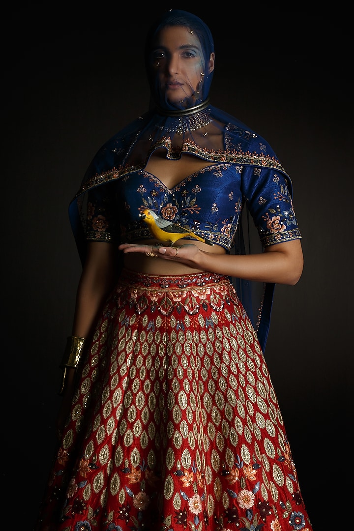 Red Thread Embroidered Bridal Lehenga Set by Ahanthem by Reena at Pernia's Pop Up Shop