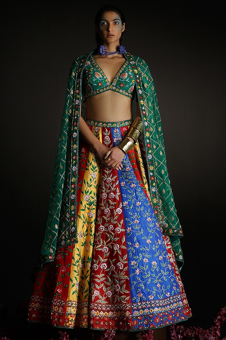 Multi-Colored Silk Embroidered Lehenga Set by Ahanthem by Reena