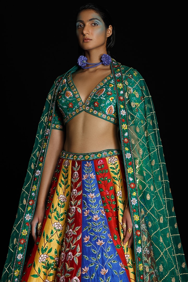 Multi-Colored Silk Embroidered Bridal Lehenga Set by Ahanthem by Reena at Pernia's Pop Up Shop