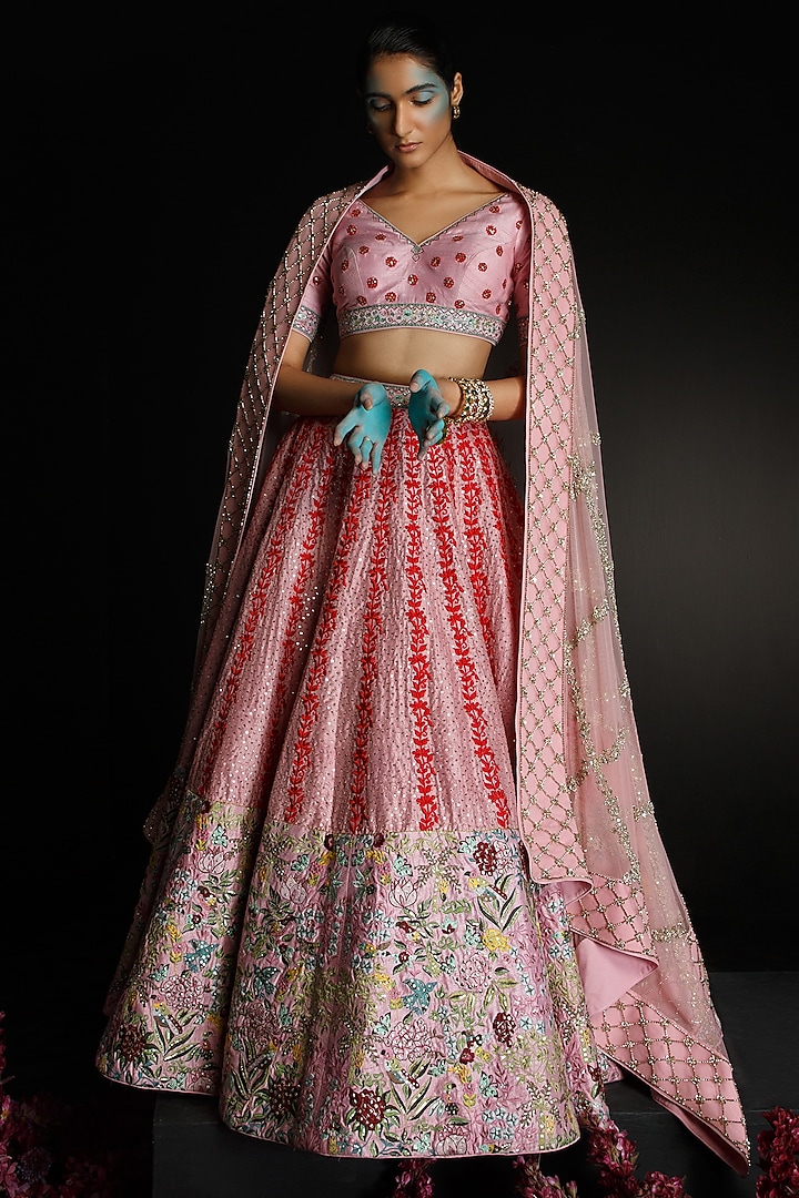 Pink Silk Embroidered Lehenga Set by Ahanthem by Reena