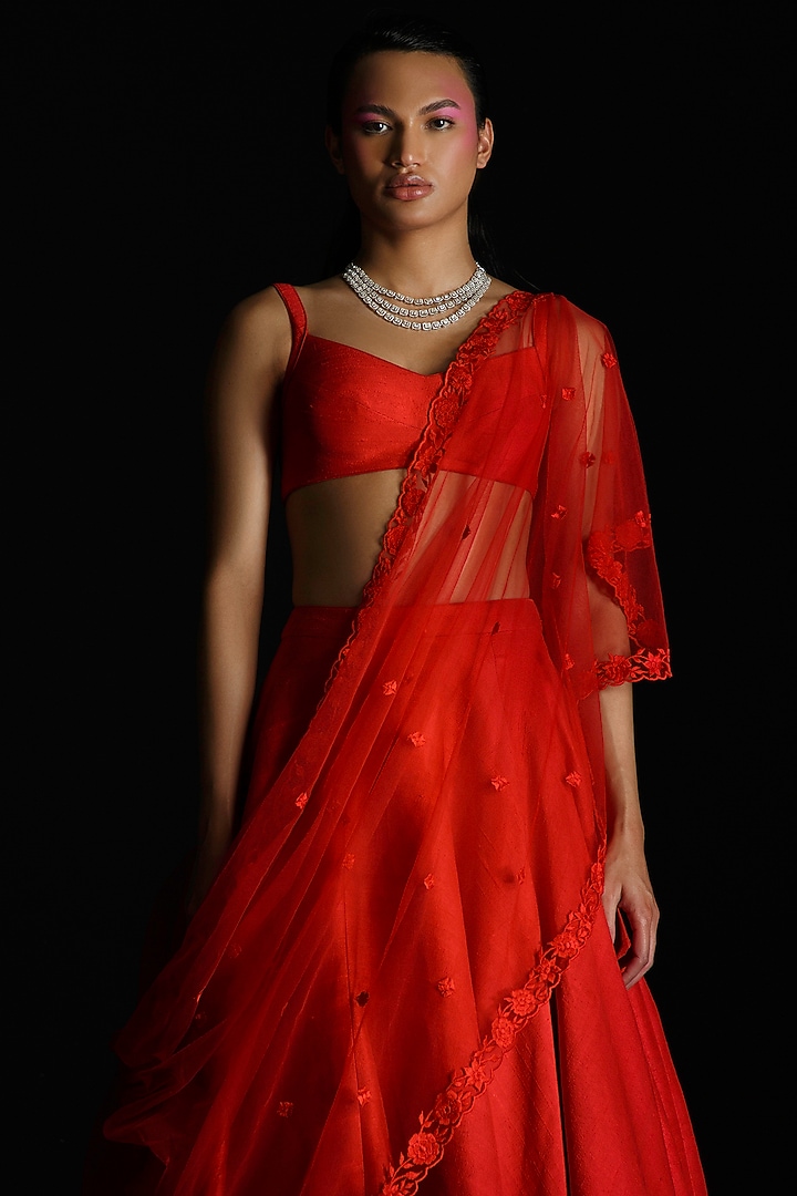 Red Raw Silk Wedding Lehenga Set by Ahanthem by Reena at Pernia's Pop Up Shop