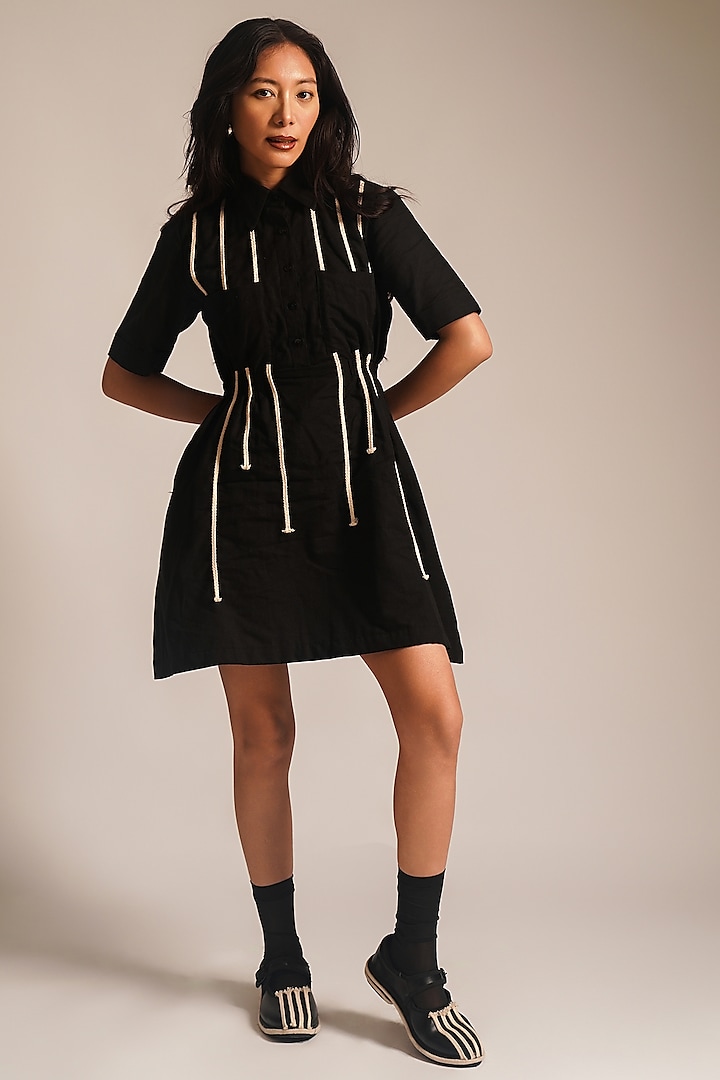 Black Cotton Dori Embellished Mini Dress by ATBW | All Things Black & White at Pernia's Pop Up Shop