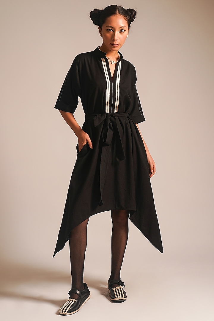 Black Cotton Dori Embellished Asymmetric Dress With Belt by ATBW | All Things Black & White
