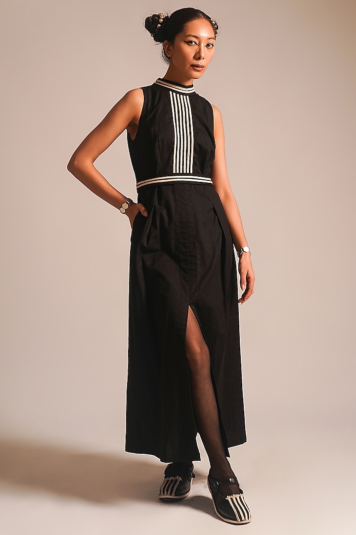 Black Cotton Dori Embellished Halter Neck Dress With Belt by ATBW | All Things Black & White at Pernia's Pop Up Shop