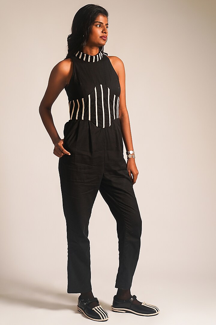 Black Cotton Dori Embellished Halter Neck Jumpsuit by ATBW | All Things Black & White