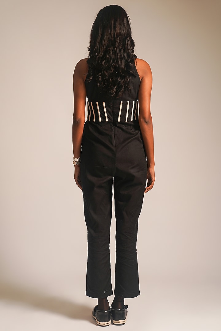 Black Cotton Dori Embellished Halter Neck Jumpsuit by ATBW | All Things Black & White at Pernia's Pop Up Shop
