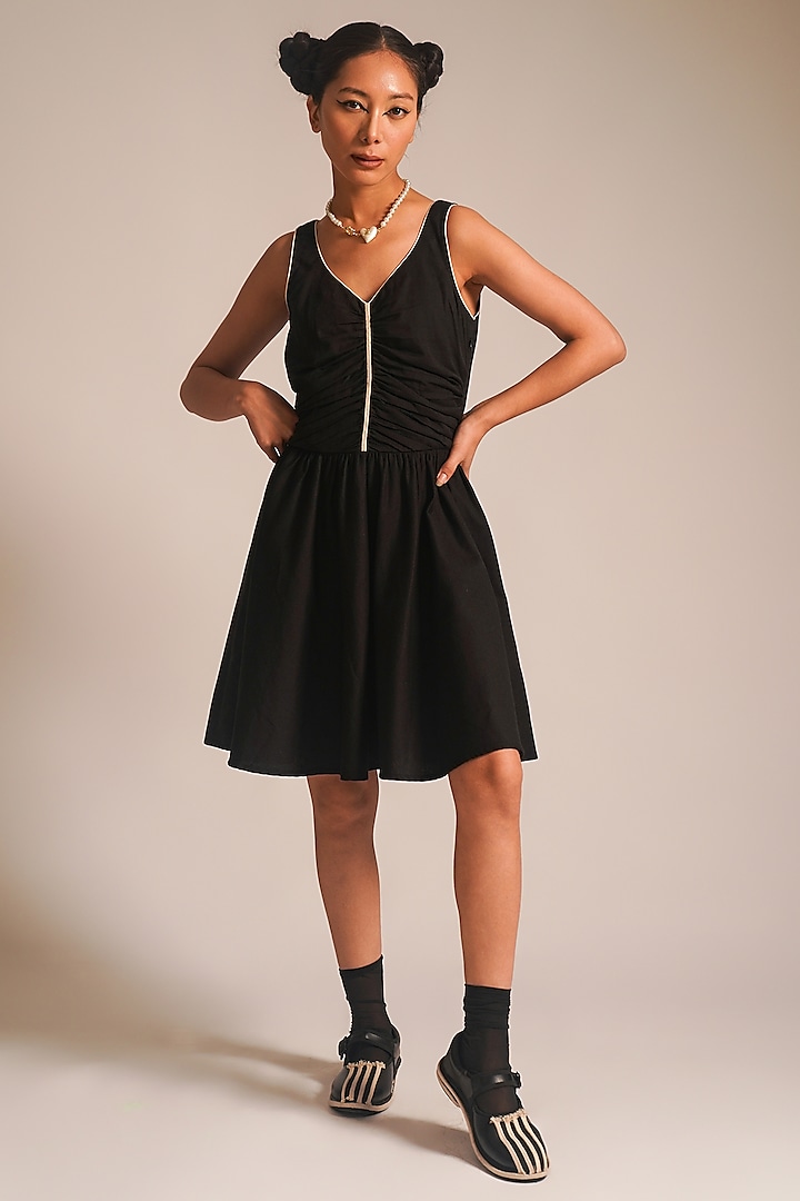 Black Cotton Dori Embellished Mini Gathered Dress by ATBW | All Things Black & White
