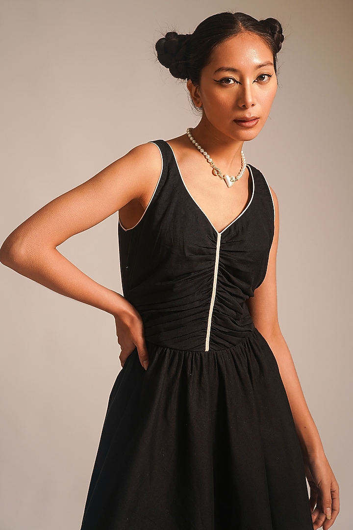 Black Cotton Dori Embellished Mini Gathered Summer Dress by ATBW | All Things Black & White at Pernia's Pop Up Shop