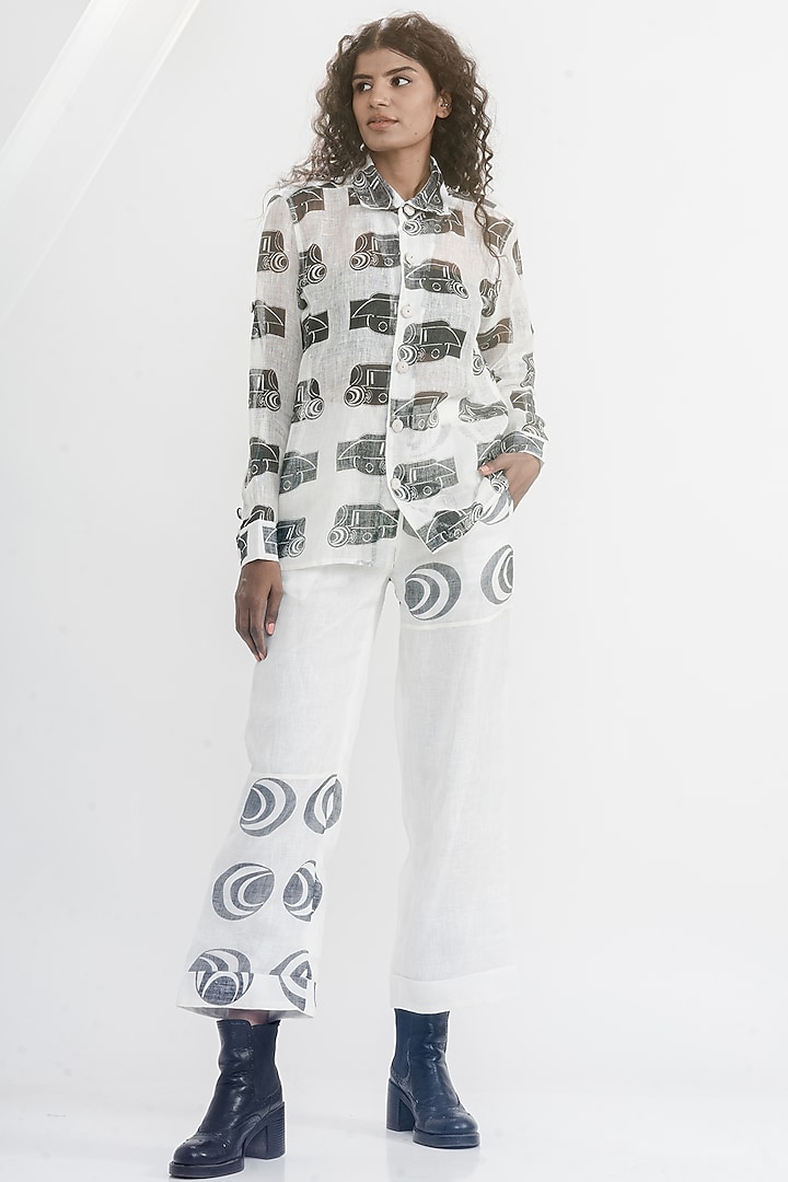 White & Black Linen Gauze Printed & Embroidered Shirt by ATBW | All Things Black & White