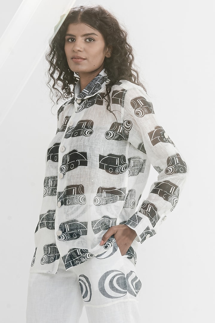 White & Black Linen Gauze Printed & Embroidered Shirt by ATBW | All Things Black & White at Pernia's Pop Up Shop