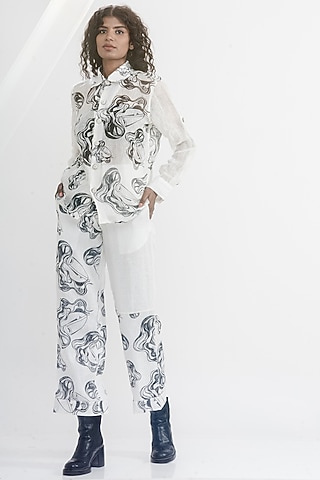 White & Black Linen Gauze Printed & Embroidered Shirt by ATBW | All Things Black & White
