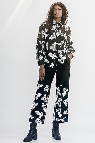 Black & White Linen Gauze Printed & Embroidered Shirt by ATBW | All Things Black & White