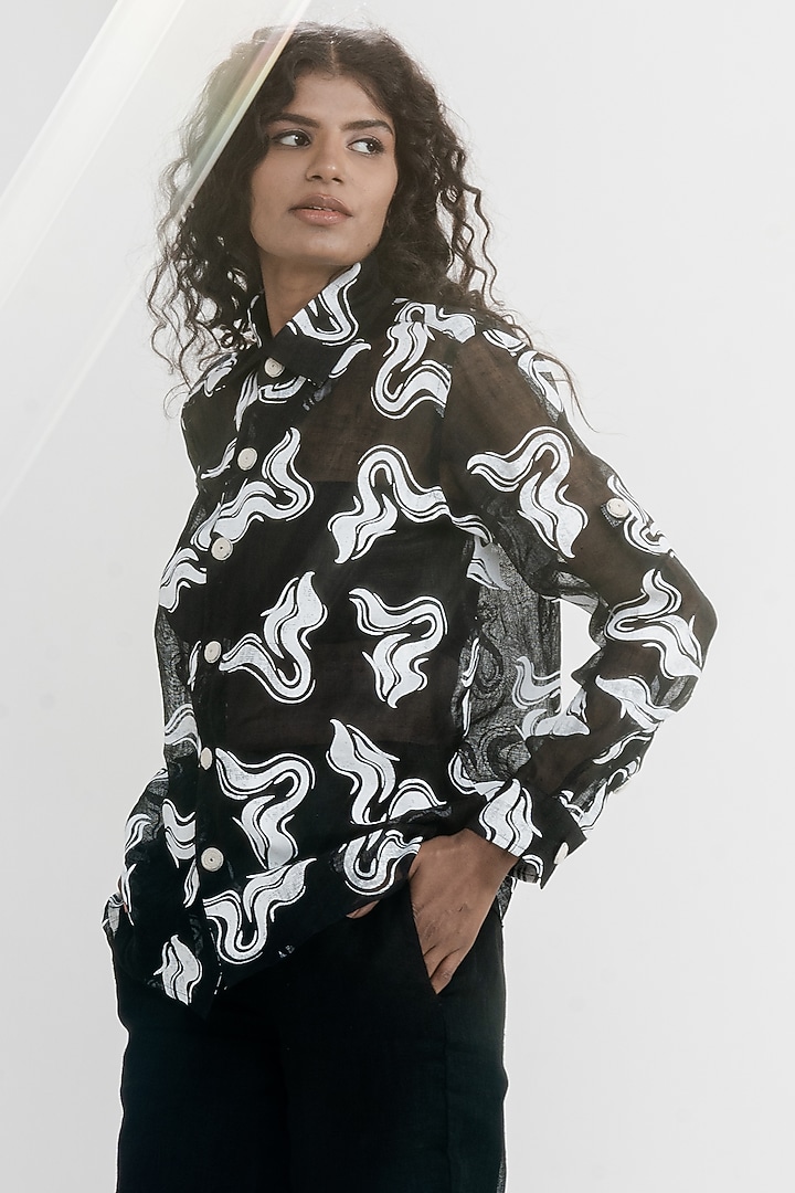 Black & White Linen Gauze Printed & Embroidered Shirt by ATBW | All Things Black & White at Pernia's Pop Up Shop