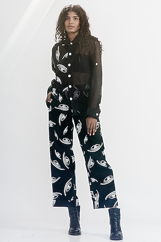 Black & White Linen Gauze Printed & Embroidered Shirt by ATBW | All Things Black & White