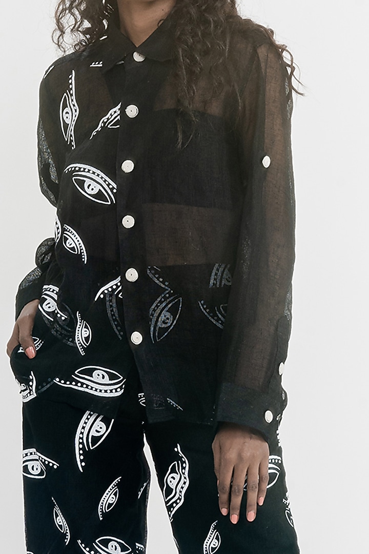 Black & White Linen Gauze Printed & Embroidered Shirt by ATBW | All Things Black & White at Pernia's Pop Up Shop