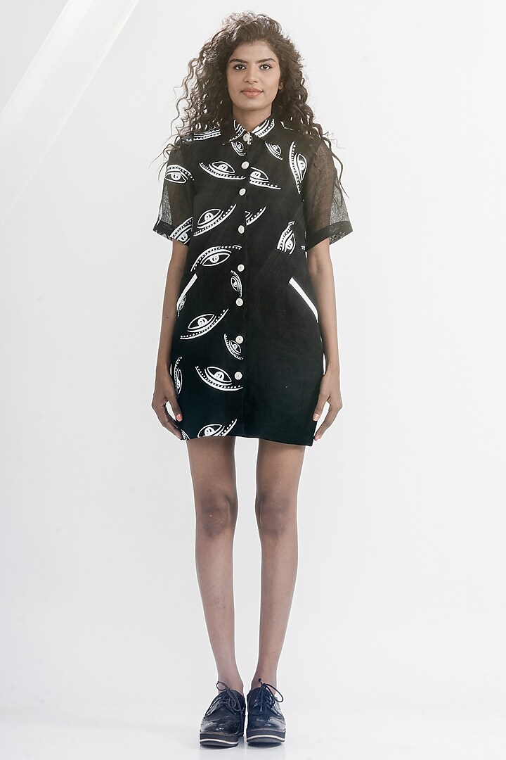 White & Black Linen Gauze Printed & Embroidered Shirt Dress by ATBW | All Things Black & White