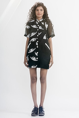 White & Black Linen Gauze Printed & Embroidered Shirt Dress by ATBW | All Things Black & White