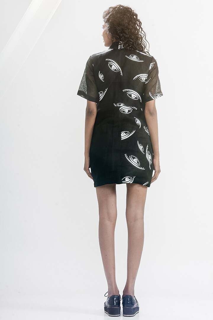White & Black Linen Gauze Printed & Embroidered Summer Shirt Dress by ATBW | All Things Black & White at Pernia's Pop Up Shop