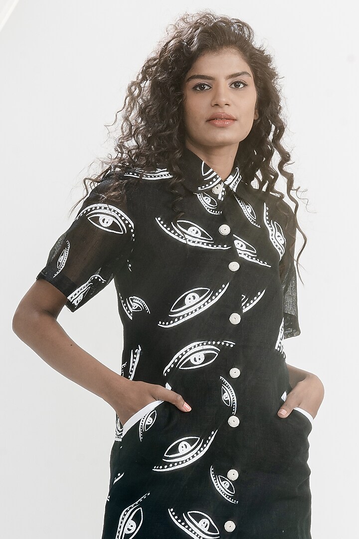 White & Black Linen Gauze Printed & Embroidered Summer Shirt Dress by ATBW | All Things Black & White at Pernia's Pop Up Shop