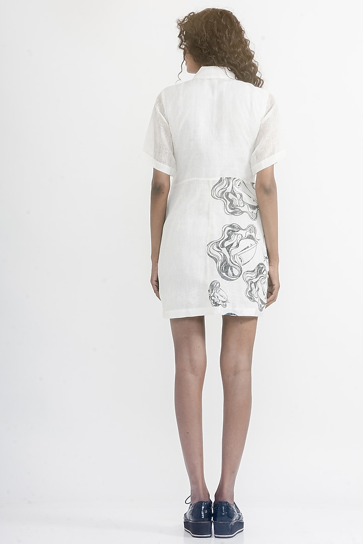 White & Black Linen Gauze Printed & Embroidered Summer Shirt Dress by ATBW | All Things Black & White at Pernia's Pop Up Shop