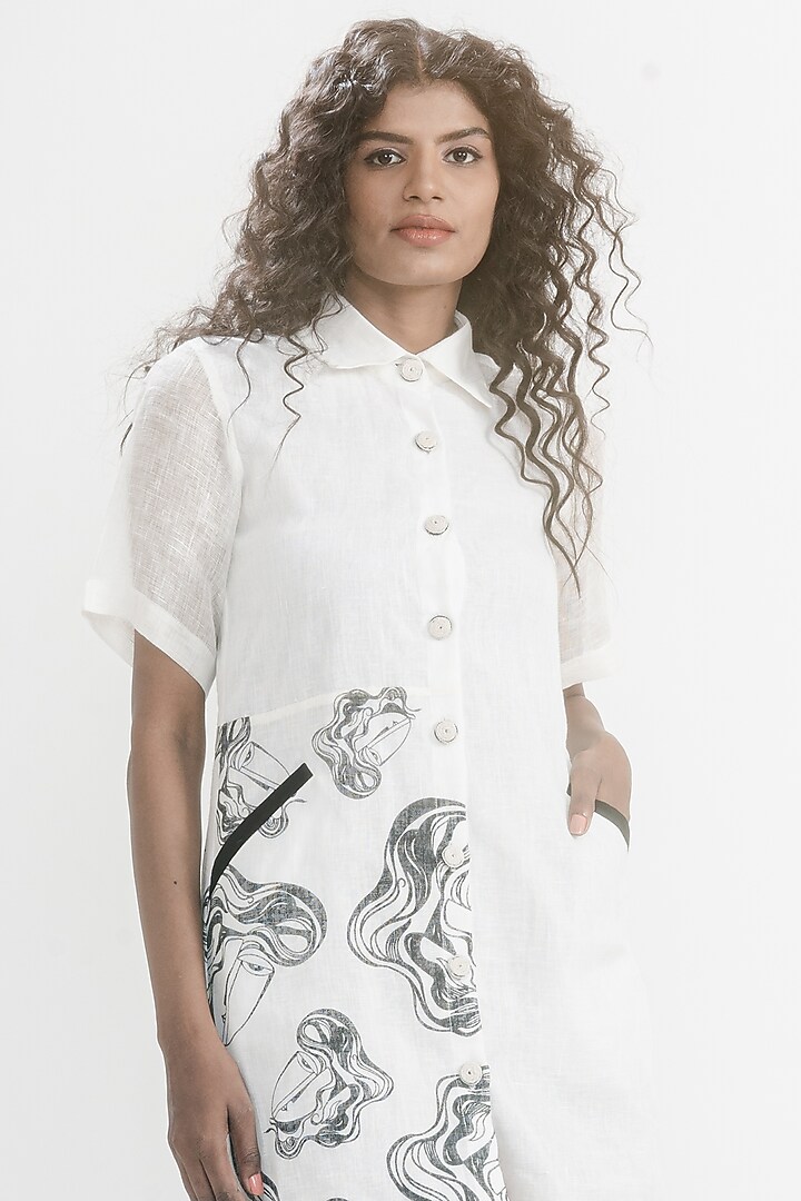 White & Black Linen Gauze Printed & Embroidered Summer Shirt Dress by ATBW | All Things Black & White at Pernia's Pop Up Shop