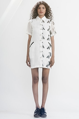 White & Black Linen Gauze Printed & Embroidered Shirt Dress by ATBW | All Things Black & White