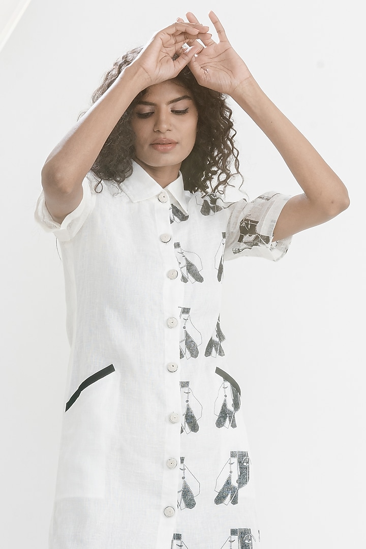 White & Black Linen Gauze Printed & Embroidered Summer Shirt Dress by ATBW | All Things Black & White at Pernia's Pop Up Shop
