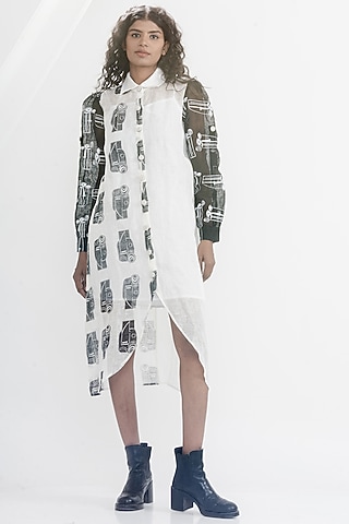 White & Black Linen Gauze Printed & Embroidered Boxy Shirt Dress by ATBW | All Things Black & White